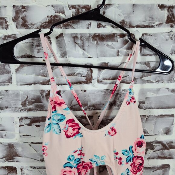 Cupshe XL One Piece Swimsuit Blue Pink Floral Open Front - Picture 2 of 6